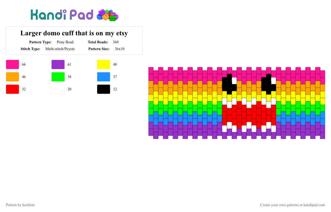 Larger domo cuff that is on my etsy - Pony Bead Pattern by hoshimi on Kandi Pad - orange, pink, purple, yellow