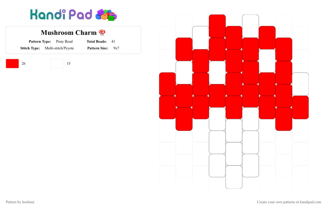 Mushroom Charm 🍄 - Pony Bead Pattern by hoshimi on Kandi Pad - charm, cute, fairycore, mushroom, red, white