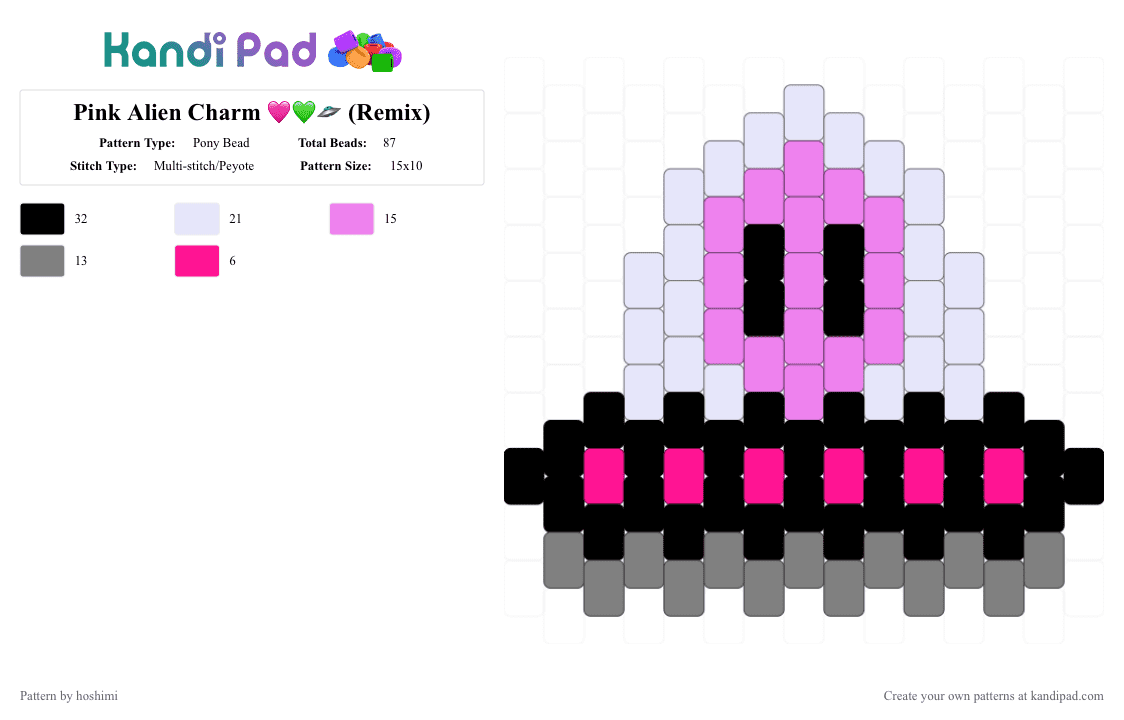 Pink Alien Charm 🩷💚🛸 (Remix) - Pony Bead Pattern by hoshimi on Kandi Pad - alien, charm, gray, pink