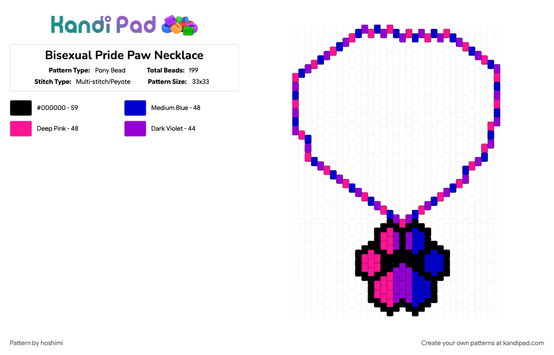 Bisexual Pride Paw Necklace - Pony Bead Pattern by hoshimi on Kandi Pad - bi, bisexual, furry, gay, lgbtq, necklace, paw, pink, pride, purple