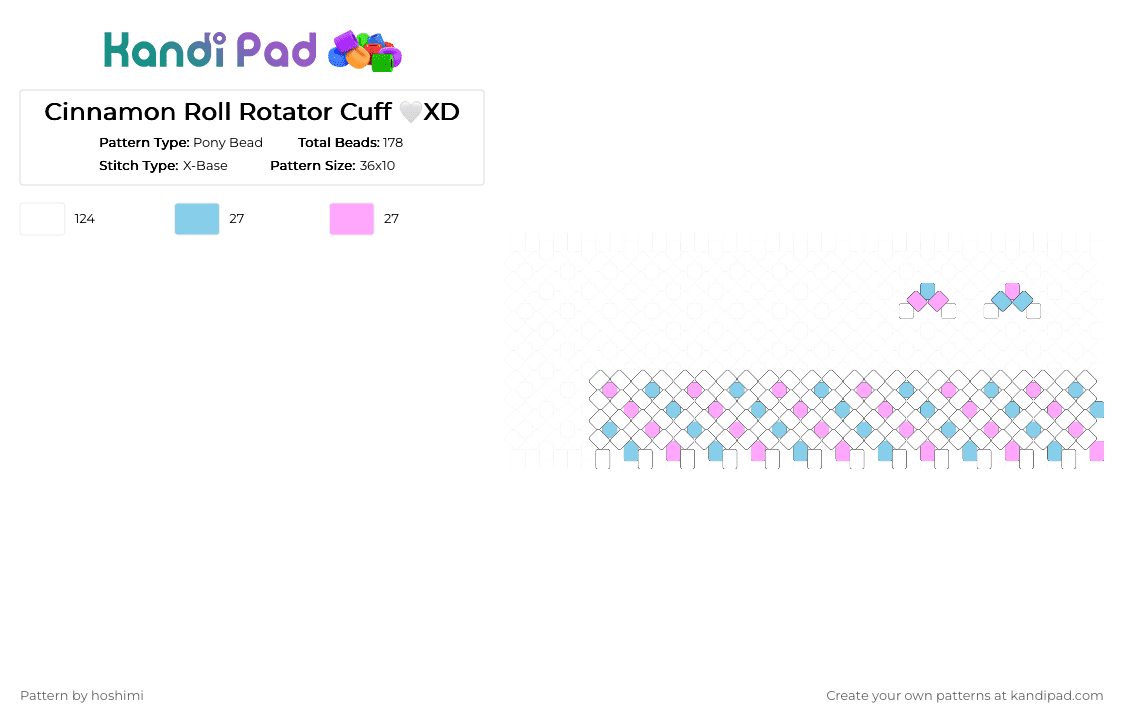 Cinnamon Roll Rotator Cuff 🤍XD - Pony Bead Pattern by hoshimi on Kandi Pad - cinnamon roll, cinnamonroll, cute, hello kitty, light blue, pink, rotator cuff, sanario, white, x base