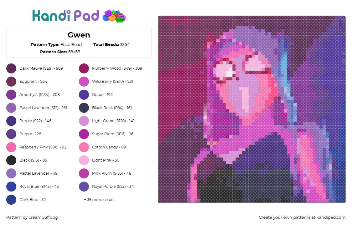 Gwen - Fuse Bead Pattern by creampuffdog on Kandi Pad - gwen,spiderman,superhero,intelligence,modern,character,soft hues,pink,purple