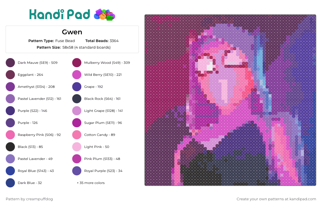 Gwen - Fuse Bead Pattern by creampuffdog on Kandi Pad - gwen,spiderman,superhero,intelligence,modern,tribute,character,soft hues,pink,purple