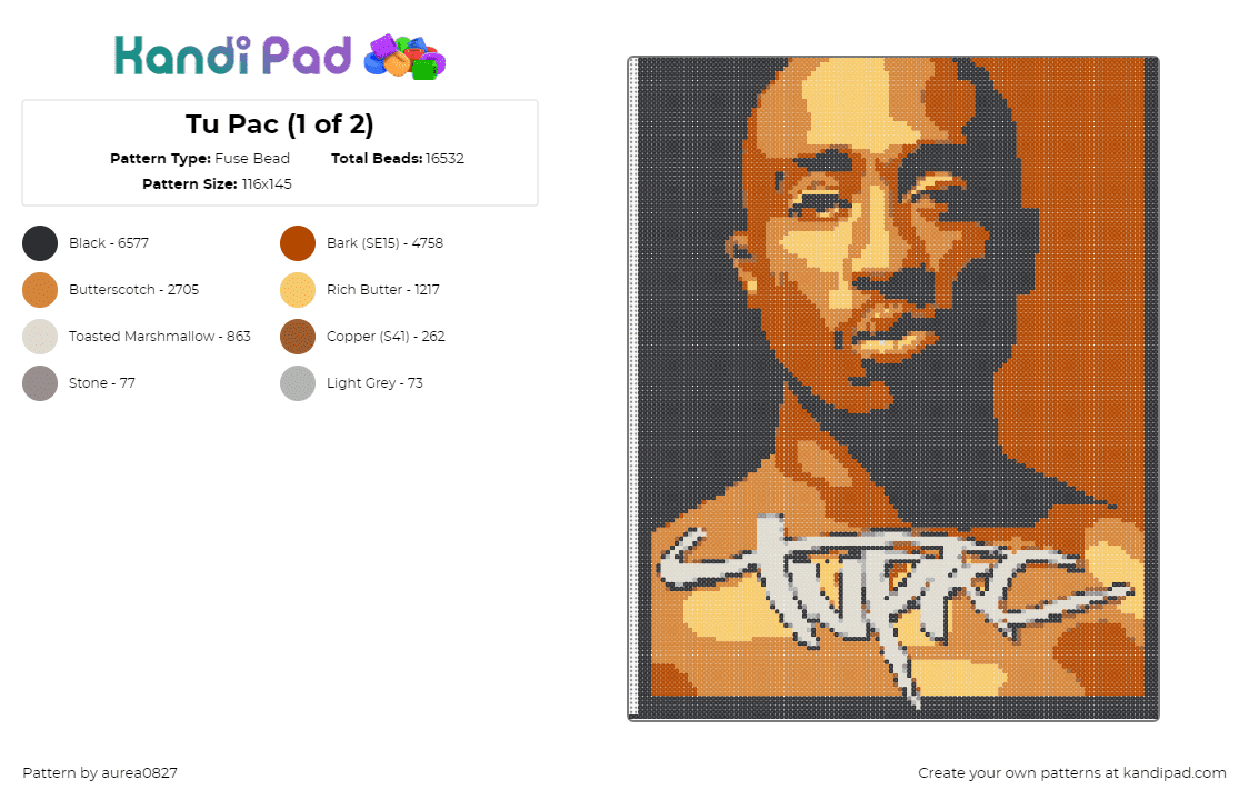 Tu Pac (1 of 2) - Fuse Bead Pattern by aurea0827 on Kandi Pad - tupac shakur,portrait,rap,music,brown,tan,black