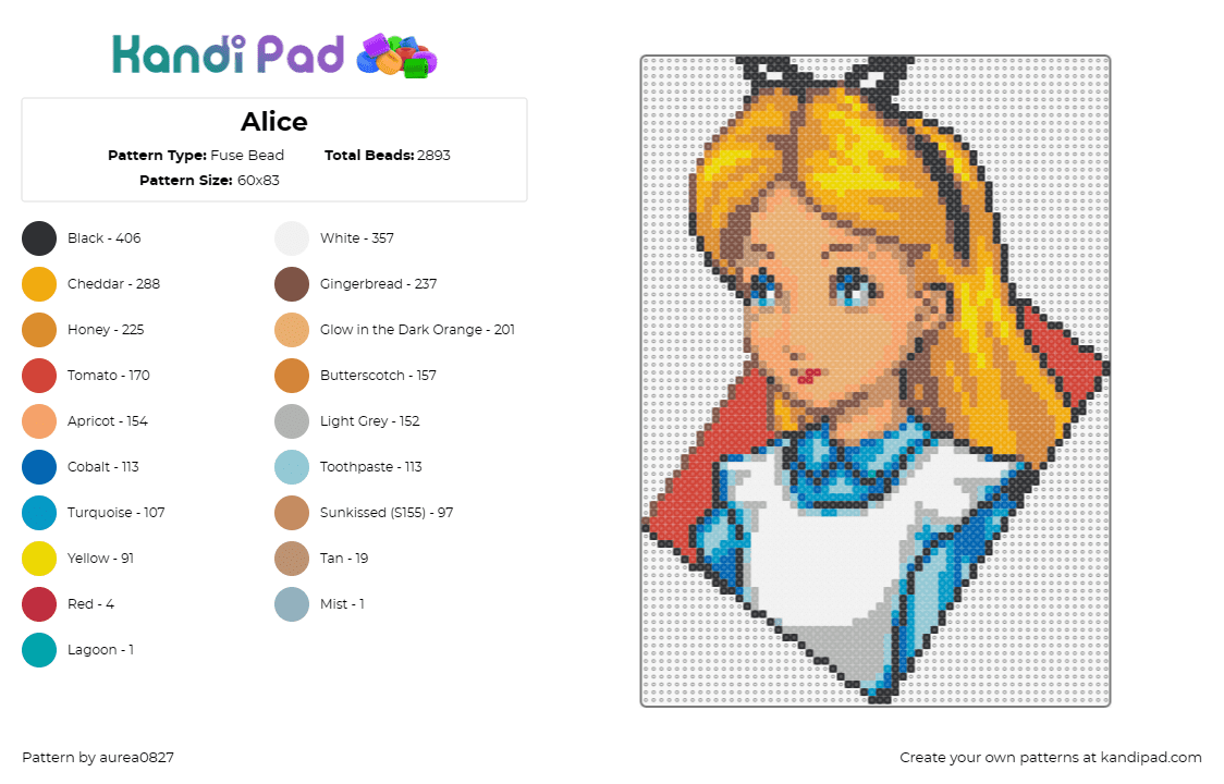 Alice - Fuse Bead Pattern by aurea0827 on Kandi Pad - alice in wonderland,character,detailed,vibrant,classic,tale,yellow,blue