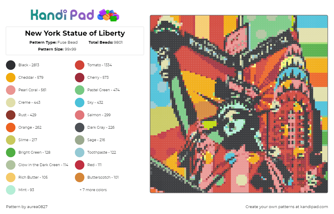 New York Statue of Liberty - Fuse Bead Pattern by aurea0827 on Kandi Pad - statue of liberty,new york,panel,colorful,united states of america,freedom,polka dots,stripes,red,green