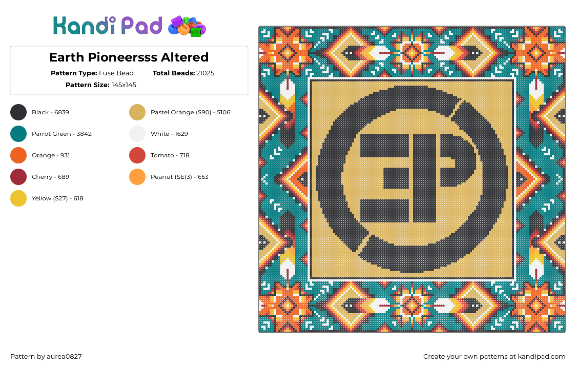 Earth Pioneersss Altered - Fuse Bead Pattern by aurea0827 on Kandi Pad - earth pioneers,logo,orange,teal