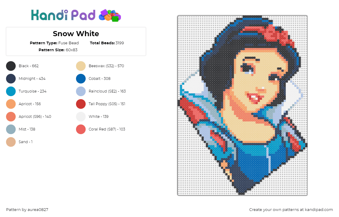 Snow White - Fuse Bead Pattern by aurea0827 on Kandi Pad - snow white,disney,princess,character,portrait,movie,fairy tale,blue,red,tan