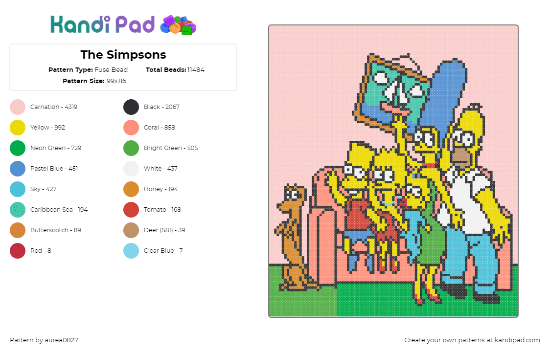 The Simpsons - Fuse Bead Pattern by aurea0827 on Kandi Pad - simpsons,cartoon,tv show,classic,animation,characters,couch,bart,homer,lisa,marge,maggie,santas little helper,colorful,pink,yellow,green,blue