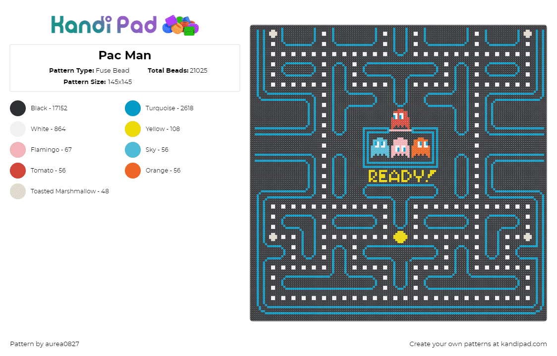 Pac Man (1 of 2) - Fuse Bead Pattern by aurea0827 on Kandi Pad - pacman,level,arcade,retro,classic,video game,black,white,teal,yellow