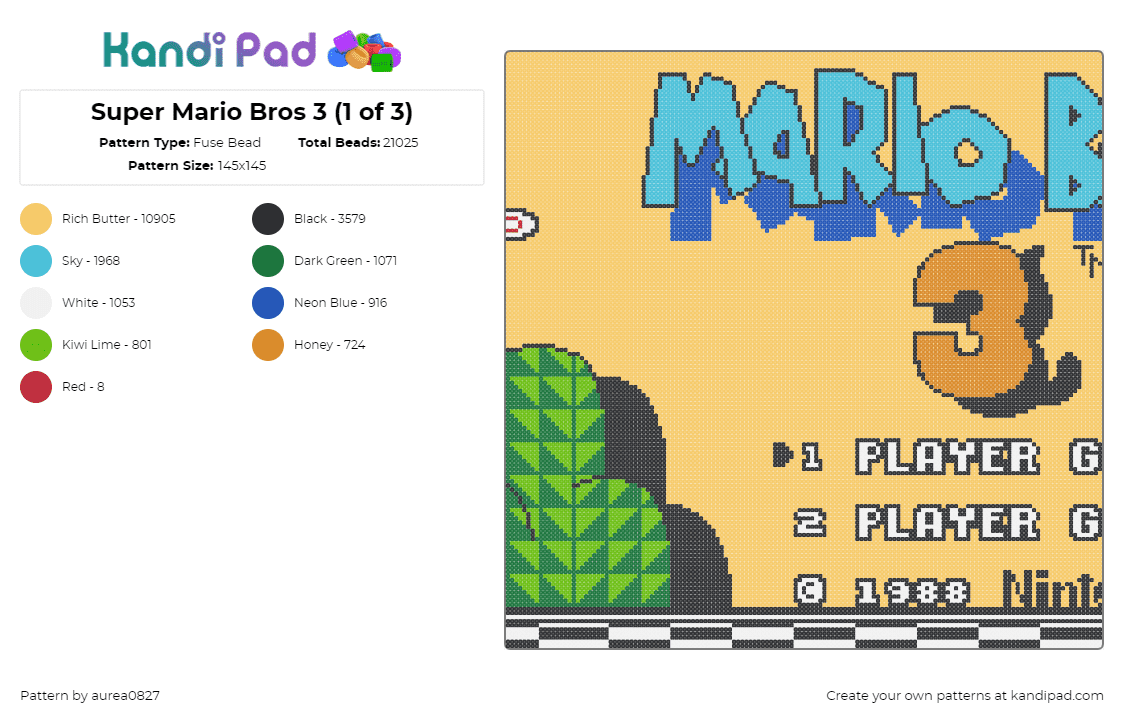 Super Mario Bros 3 (3 of 4) - Fuse Bead Pattern by aurea0827 on Kandi Pad - super mario bros,screen,video game,nintendo,panel,classic,retro,arcade,menu,yellow,blue,green