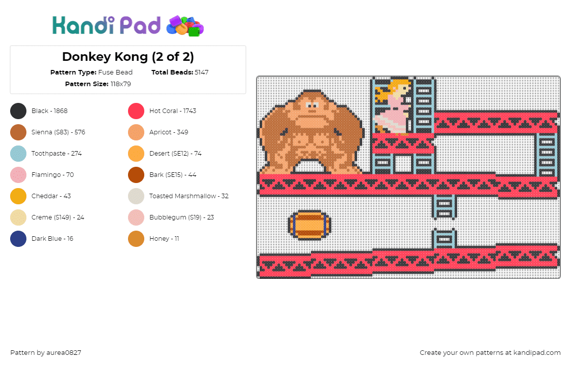 Donkey Kong (2 of 2) - Fuse Bead Pattern by aurea0827 on Kandi Pad - donkey kong,level,nintendo,video game,classic,retro,arcade,pink,red