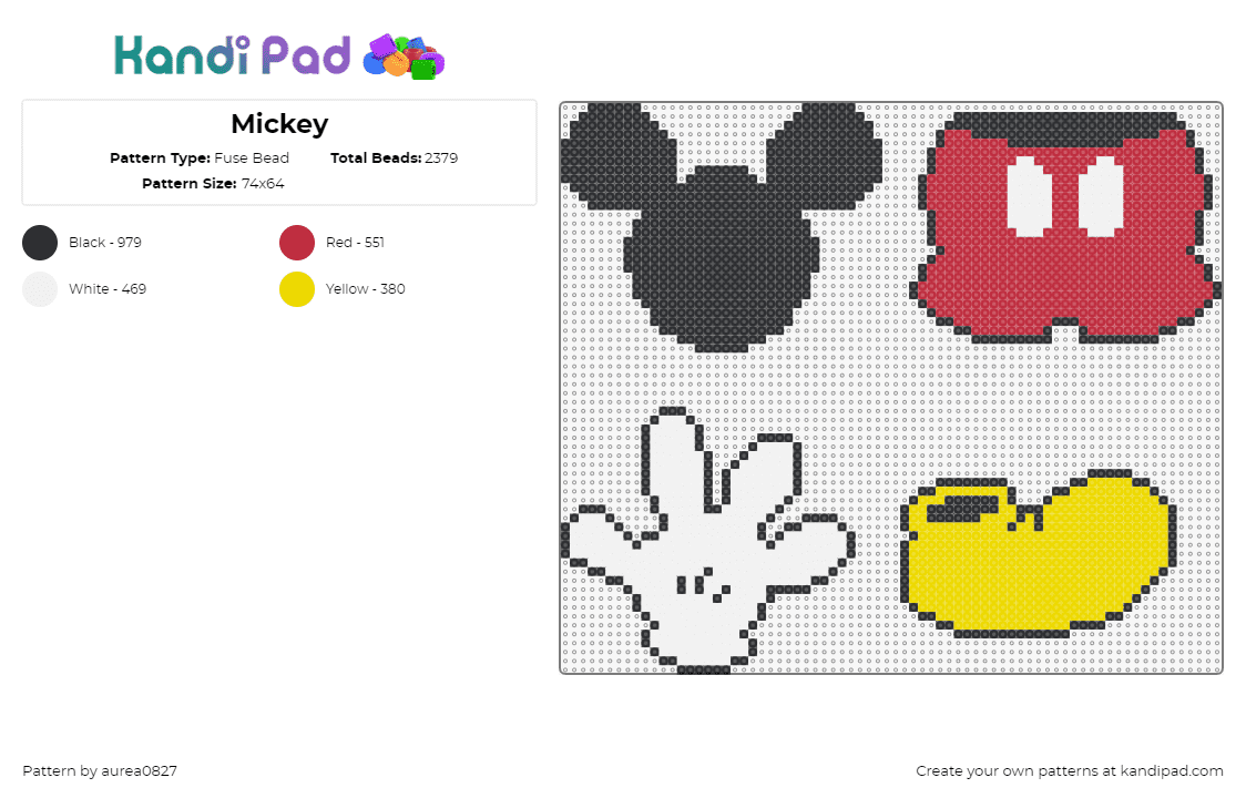 Mickey - Fuse Bead Pattern by aurea0827 on Kandi Pad - mickey mouse,body,disney,shoe,hand,pants,shorts,red,yellow,white,black