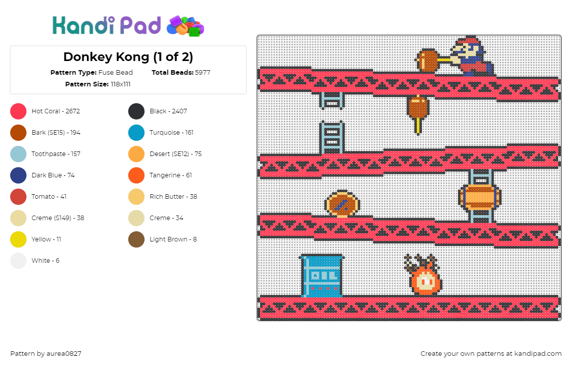 Donkey Kong (1 of 2) - Fuse Bead Pattern by aurea0827 on Kandi Pad - donkey kong,level,nintendo,mario,video game,classic,retro,arcade,pink,red