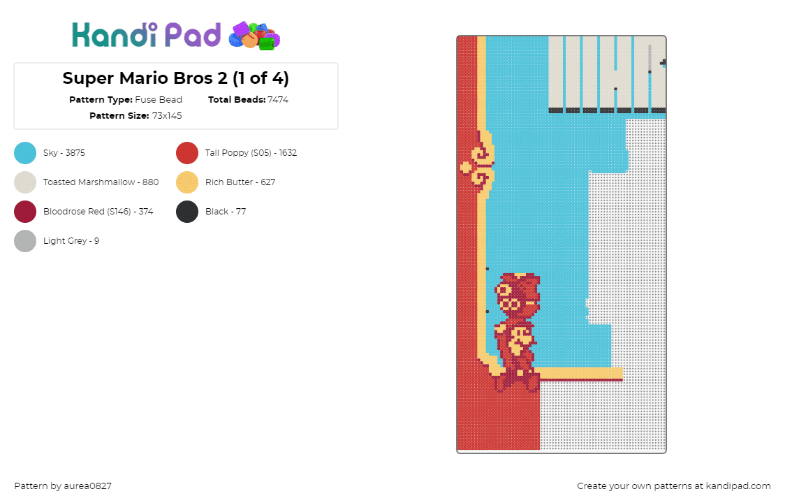 Super Mario Bros 2 (1 of 4) - Fuse Bead Pattern by aurea0827 on Kandi Pad - super mario bros,screen,video game,nintendo,panel,classic,retro,arcade,menu,light blue,red