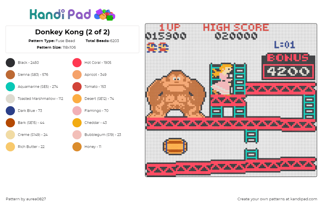 Donkey Kong (2 of 2) - Fuse Bead Pattern by aurea0827 on Kandi Pad - donkey kong,level,nintendo,video game,classic,retro,arcade,pink,red,teal,tan