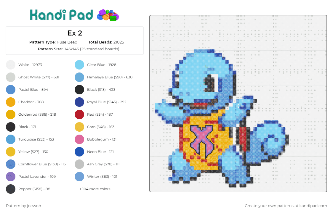 Ex 2 - Fuse Bead Pattern by joewoh on Kandi Pad - squirtle,excision,pokemon,dj,music,edm,dubstep,nostalgia,creature,blue