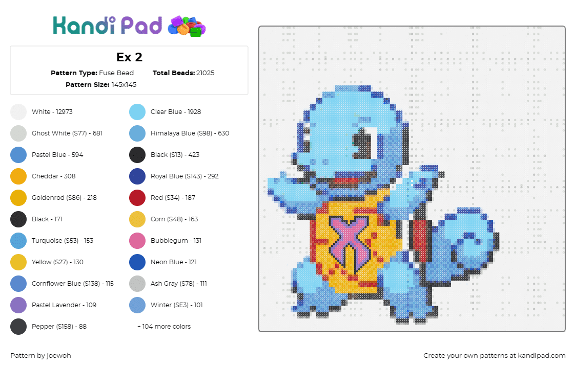 Ex 2 - Fuse Bead Pattern by joewoh on Kandi Pad - squirtle,excision,pokemon,dj,music,edm,dubstep,nostalgia,creature,blue