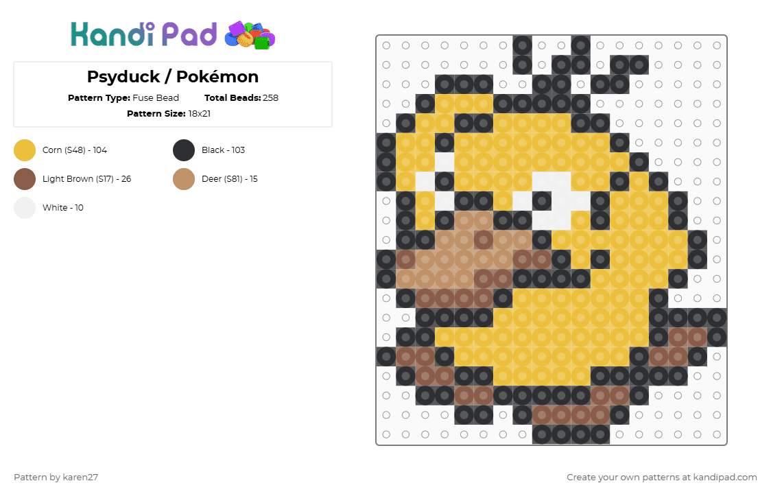 Psyduck / Pokémon - Fuse Bead Pattern by karen27 on Kandi Pad - tan, yellow