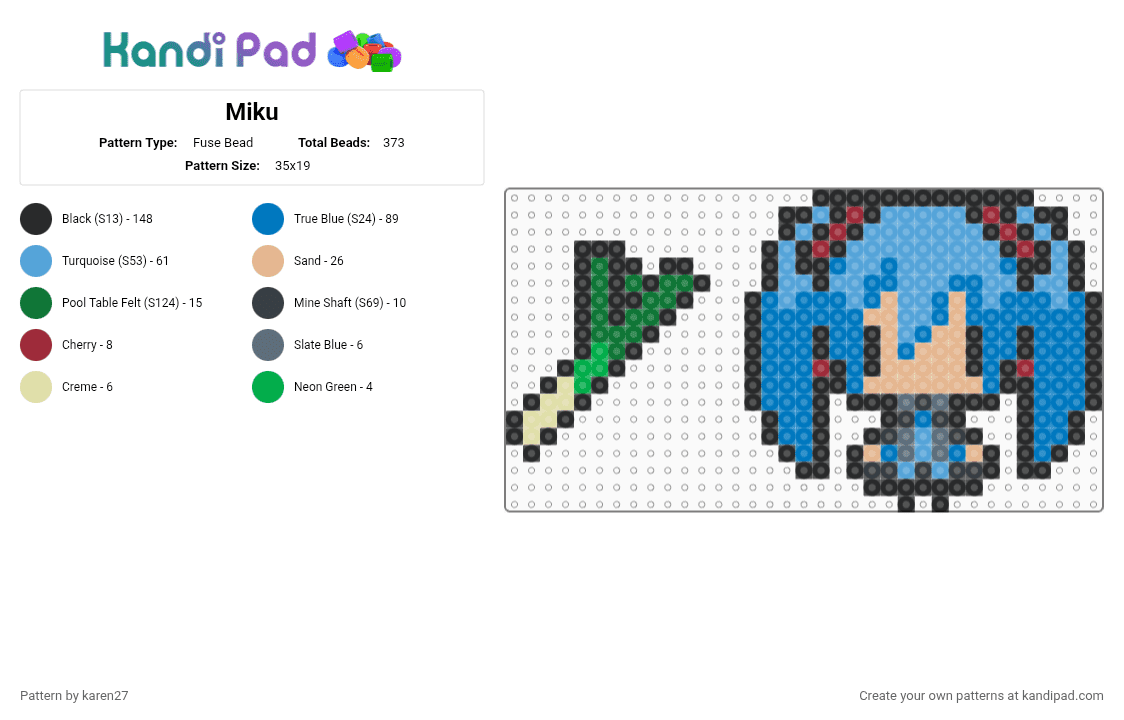 Miku - Fuse Bead Pattern by karen27 on Kandi Pad - black,blue,light blue