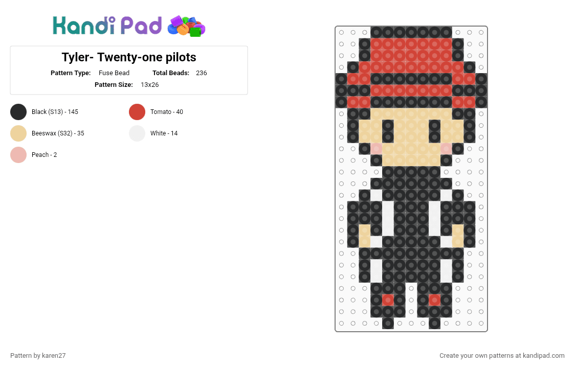 Tyler- Twenty-one pilots - Fuse Bead Pattern by karen27 on Kandi Pad - black,beige,red
