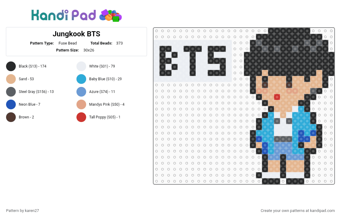 Jungkook BTS - Fuse Bead Pattern by karen27 on Kandi Pad - beige, black, light blue, white
