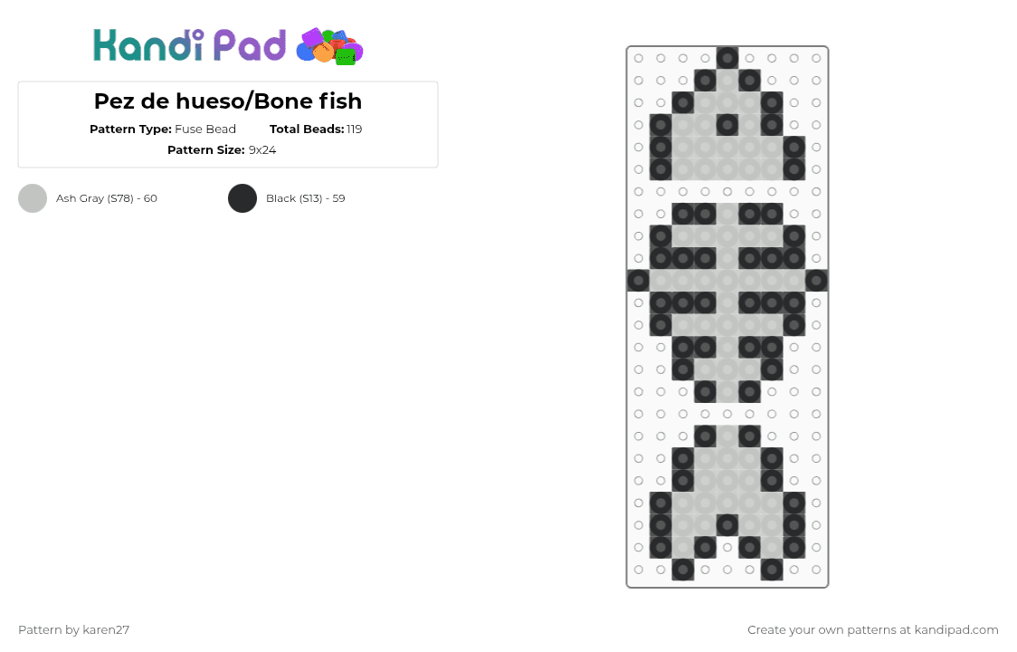 Pez de hueso/Bone fish - Fuse Bead Pattern by karen27 on Kandi Pad - black,beige