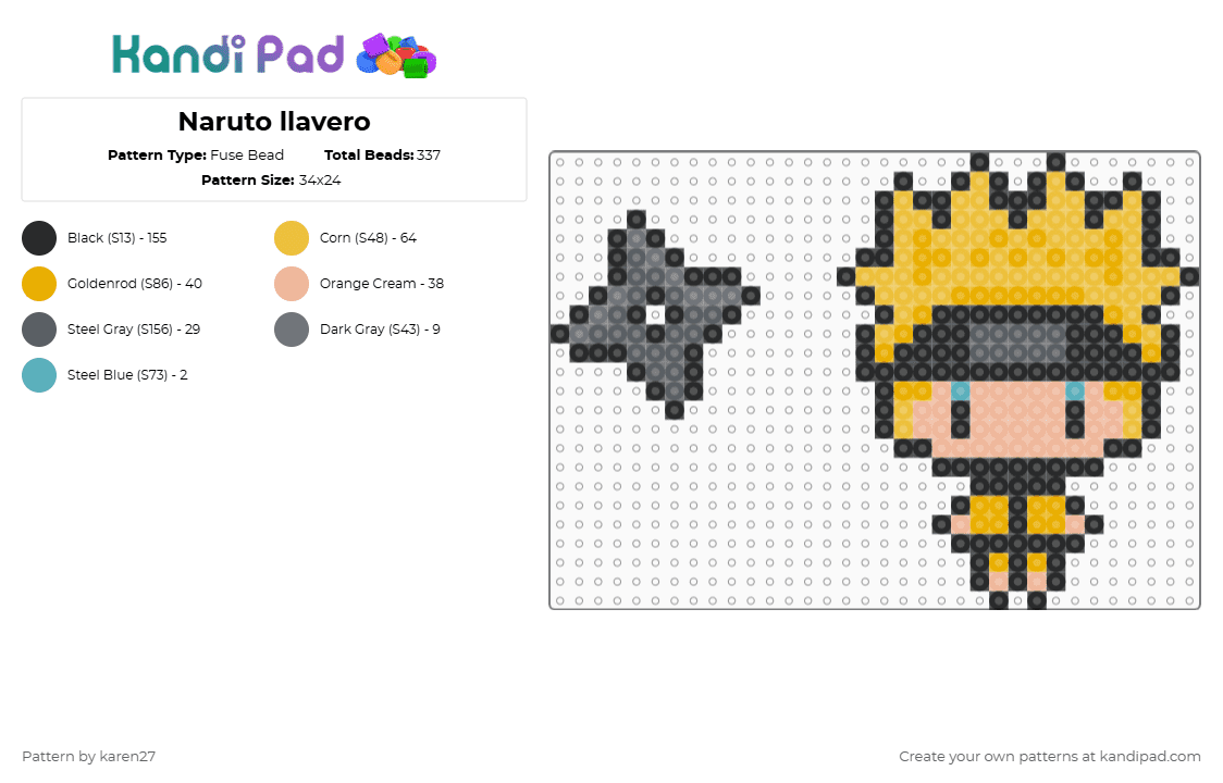 Naruto llavero - Fuse Bead Pattern by karen27 on Kandi Pad - black,orange,beige,colorful