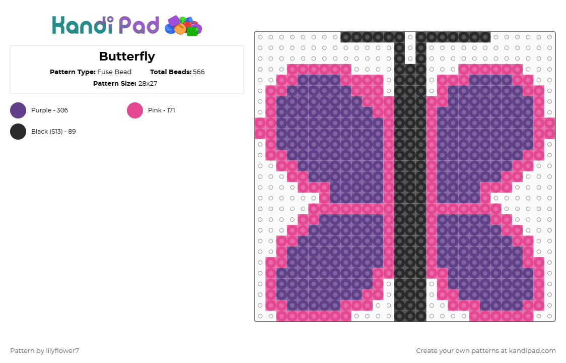 Butterfly - Fuse Bead Pattern by lilyflower7 on Kandi Pad - pink, purple