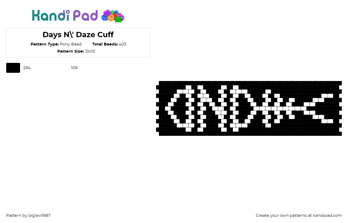 Days N\' Daze Cuff - Pony Bead Pattern by biglaw1987 on Kandi Pad - days n daze,logo,band,music,cuff,fish,skeleton,punk,black,white