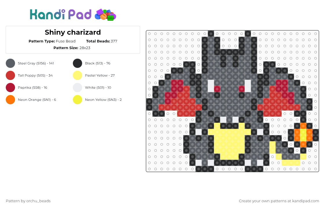 Shiny charizard - Fuse Bead Pattern by orchu_beads on Kandi Pad - gray