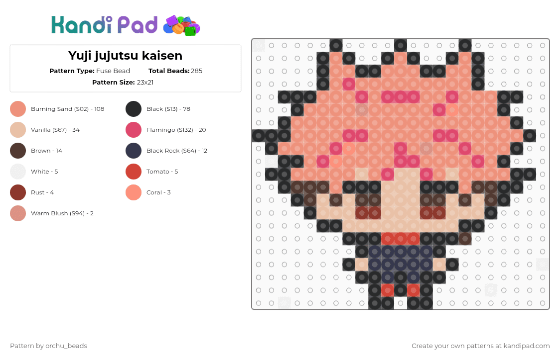 Yuji jujutsu kaisen - Fuse Bead Pattern by orchu_beads on Kandi Pad - orange