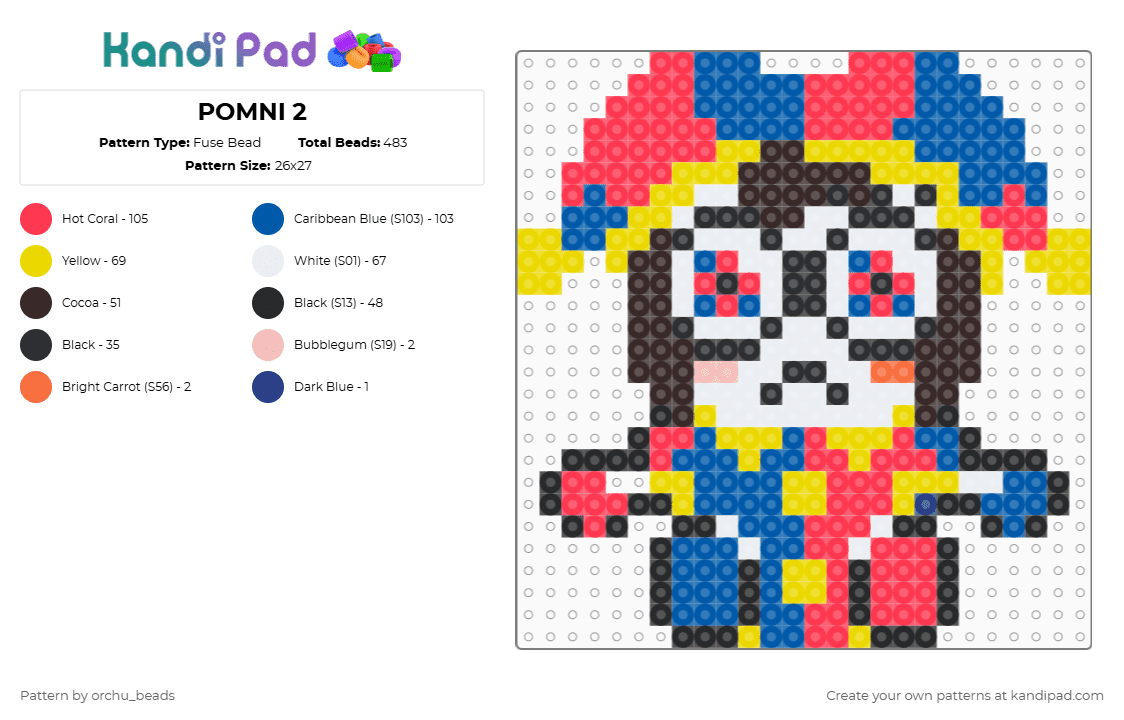 POMNI 2 - Fuse Bead Pattern by orchu_beads on Kandi Pad - red,blue,yellow,brown,pomni