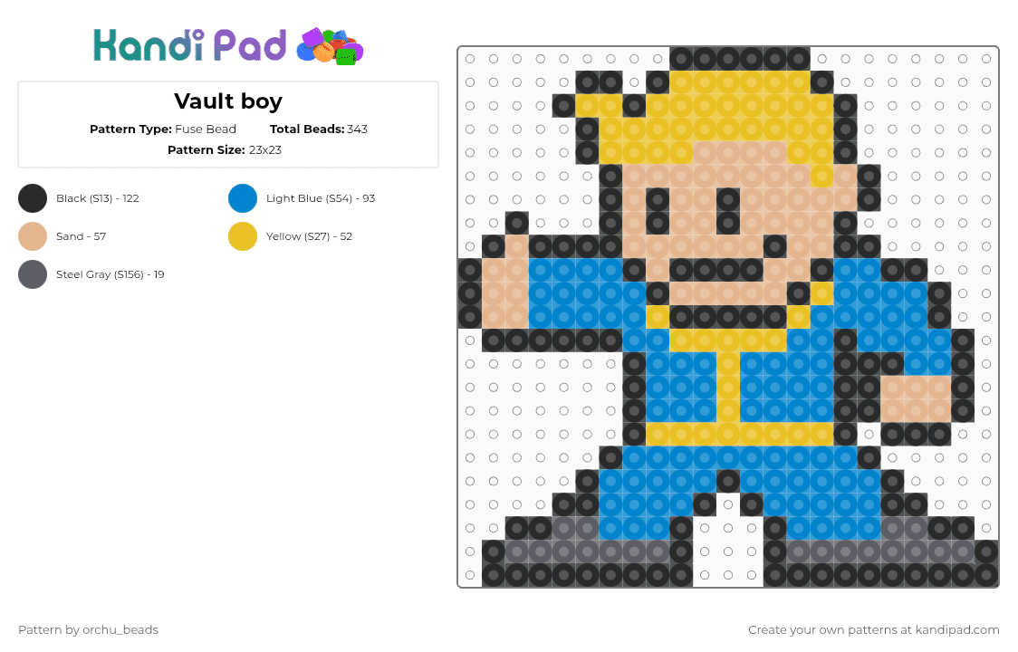 Vault boy - Fuse Bead Pattern by orchu_beads on Kandi Pad - yellow,beige,blue