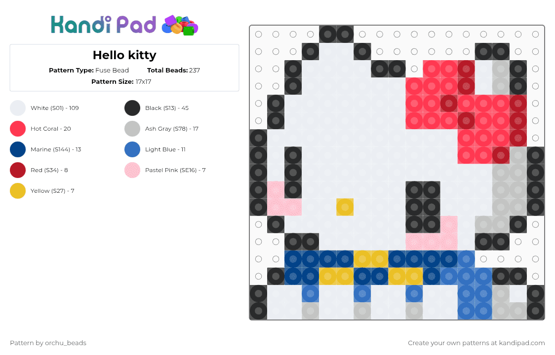 Hello kitty - Fuse Bead Pattern by orchu_beads on Kandi Pad - beige, blue, red, white