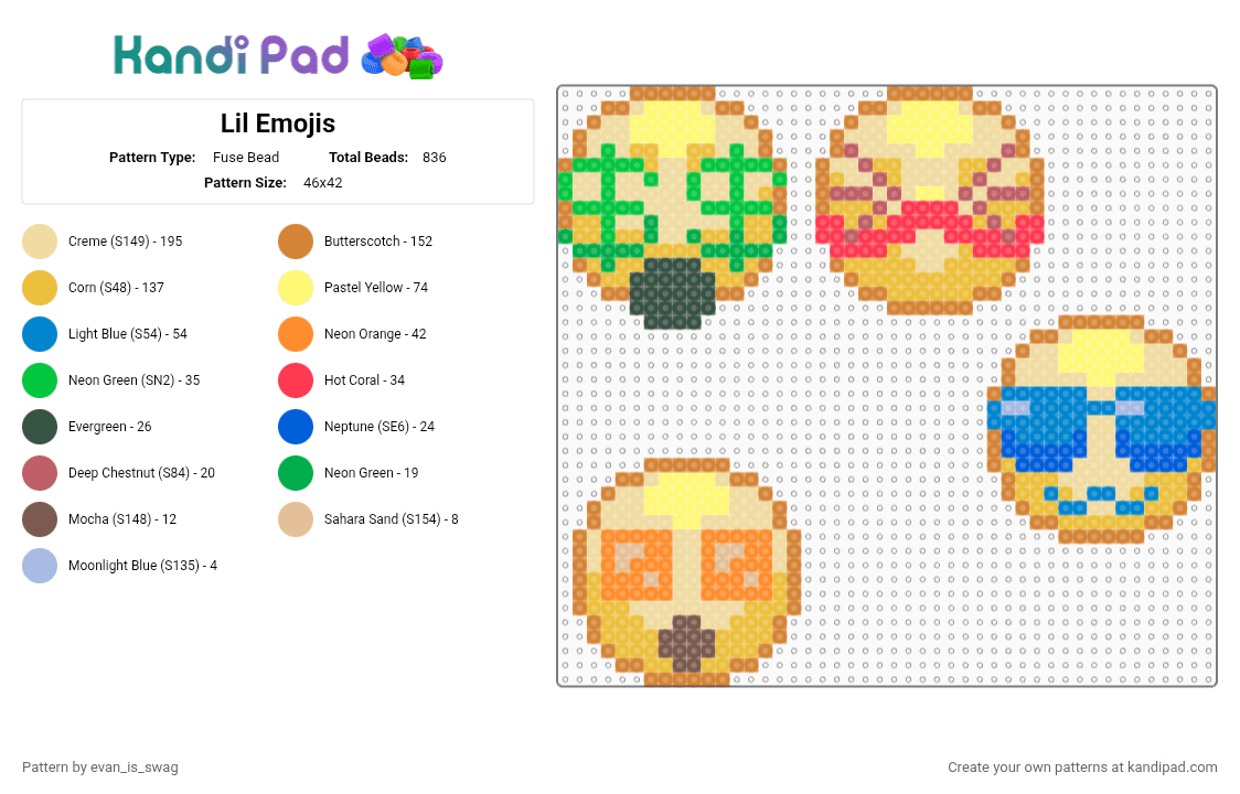 Lil Emojis - Fuse Bead Pattern by evan_is_swag on Kandi Pad - orange,yellow,beige