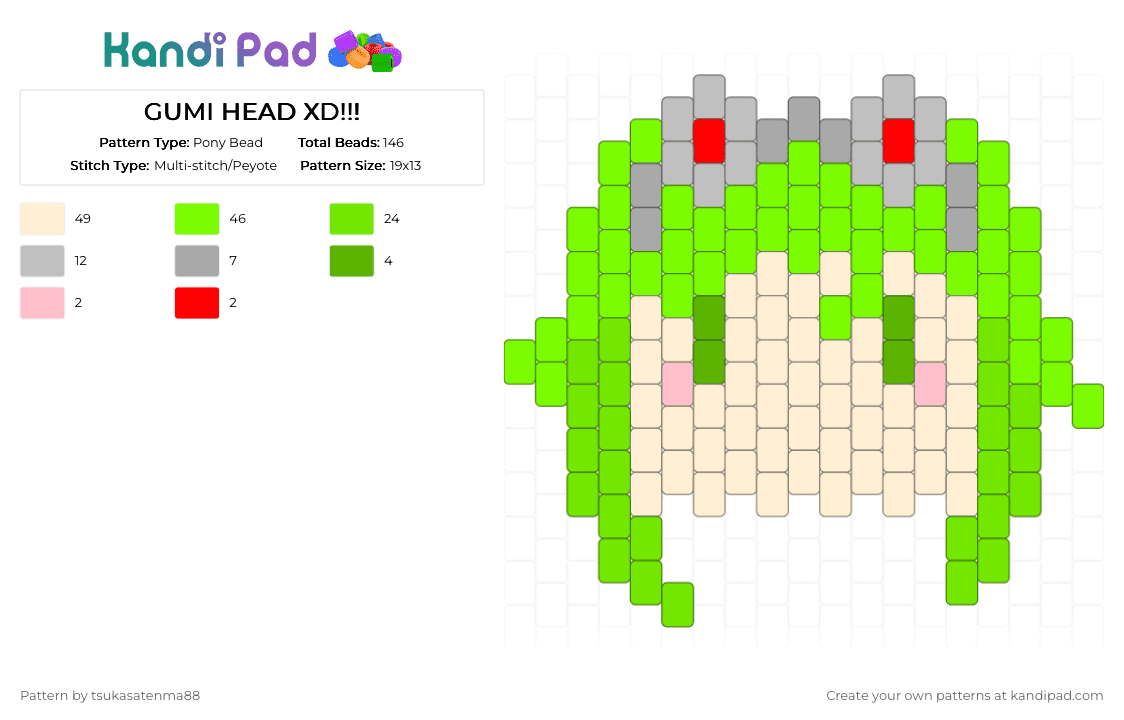 GUMI HEAD XD!!! - Pony Bead Pattern by certifieduke on Kandi Pad - green,beige,gumi,vocaloid,miku