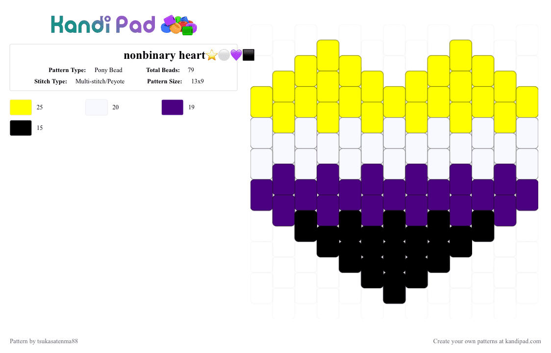 nonbinary heart⭐️⚪️💜⬛️ - Pony Bead Pattern by certifieduke on Kandi Pad - gay, lgbtq, non binary, nonbinary, pride, purple, yellow
