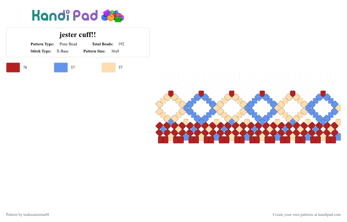 jester cuff!! - Pony Bead Pattern by tsukasatenma88 on Kandi Pad - red,jester,jester cuff,circus,clown,clowncore,showtime