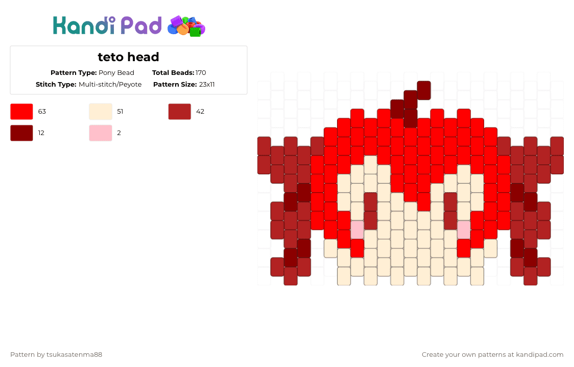 teto head - Pony Bead Pattern by tsukasatenma88 on Kandi Pad - red,anime,vocaloid,teto,kasane teto