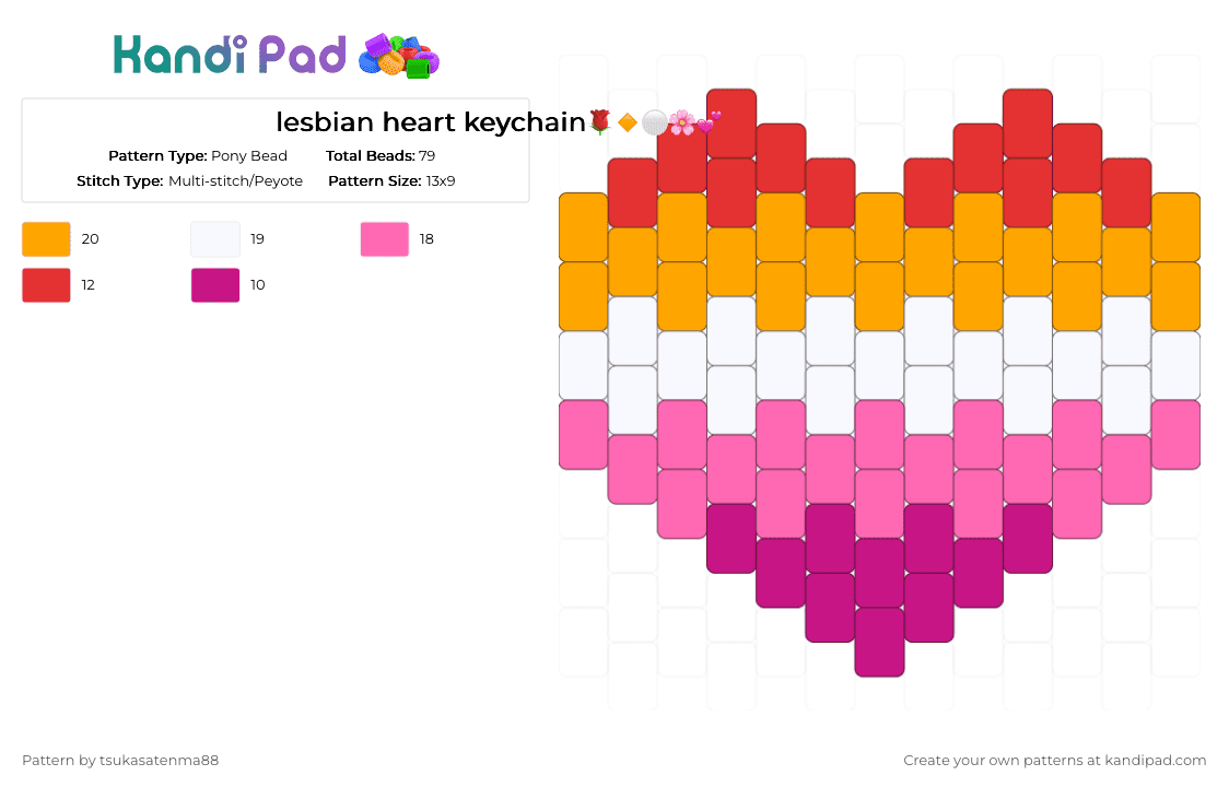 lesbian heart keychain🌹🔸⚪️🌸💕 - Pony Bead Pattern by certifieduke on Kandi Pad - orange,pink,lesbian,heart,lesbian heart,gay,pride,lgbtq