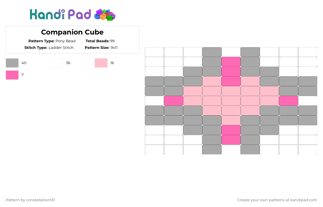Companion Cube - Pony Bead Pattern by constellation131 on Kandi Pad - beige, gaming, pink, portal