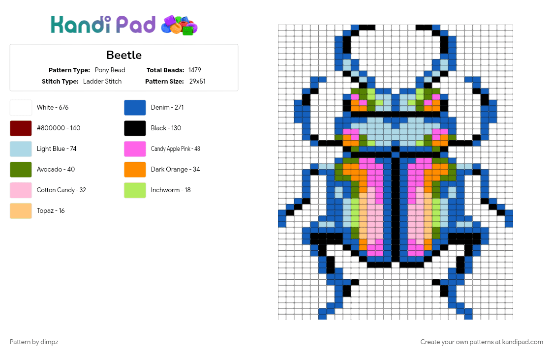 Beetle - Pony Bead Pattern by dimpz on Kandi Pad - blue, white