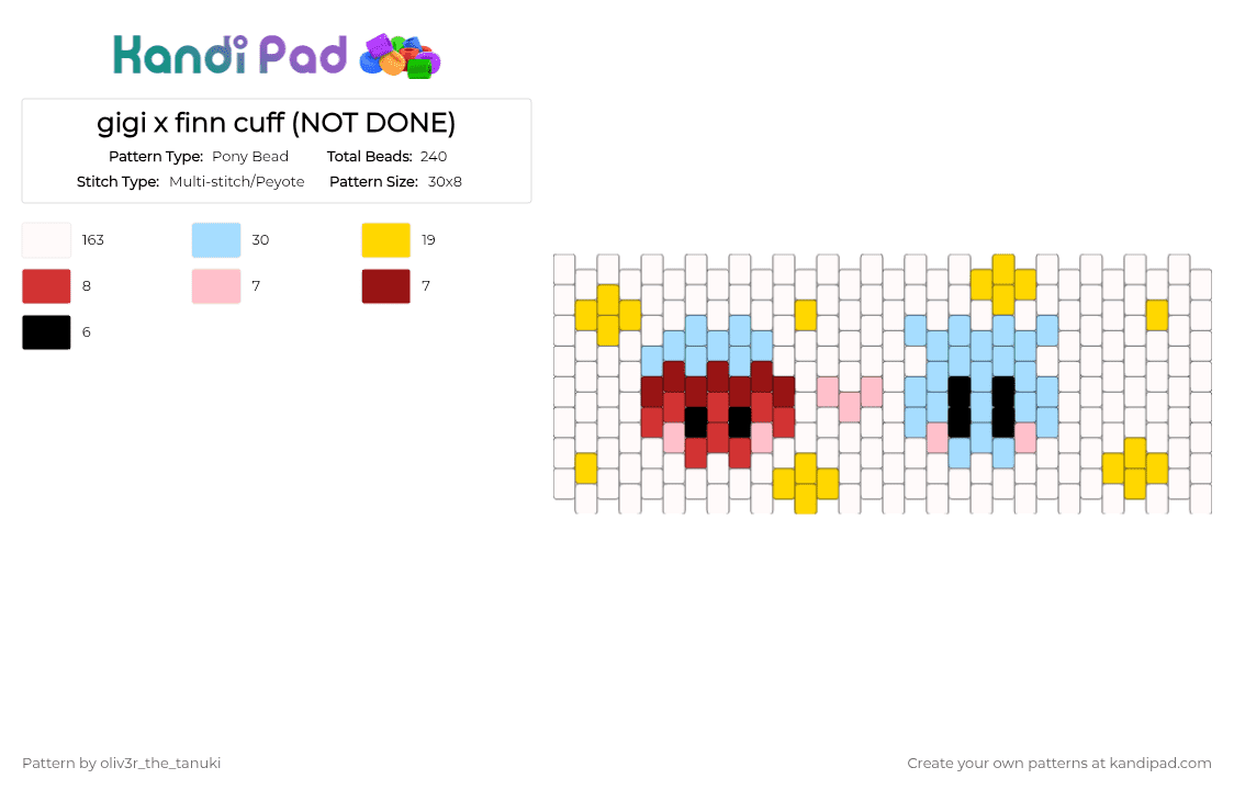 gigi x finn cuff (NOT DONE) - Pony Bead Pattern by starlow on Kandi Pad - light blue, white, yellow