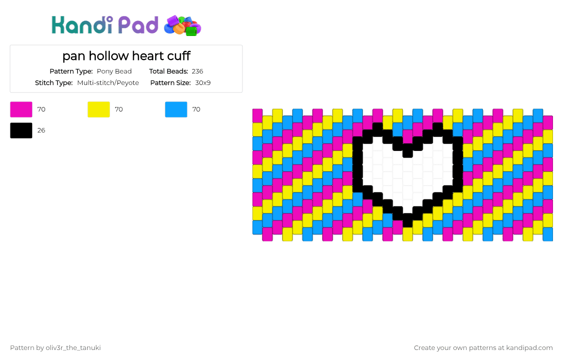 pan hollow heart cuff - Pony Bead Pattern by koops_the_koopa on Kandi Pad - pink,yellow,light blue