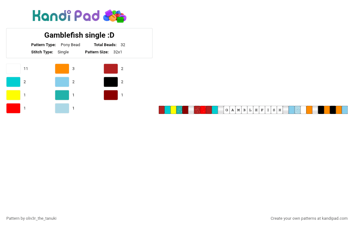 Gamblefish single :D - Pony Bead Pattern by starlow on Kandi Pad - dandy, dandys world, dw, finn, gigi, light blue, orange, red, roblox, ship, white