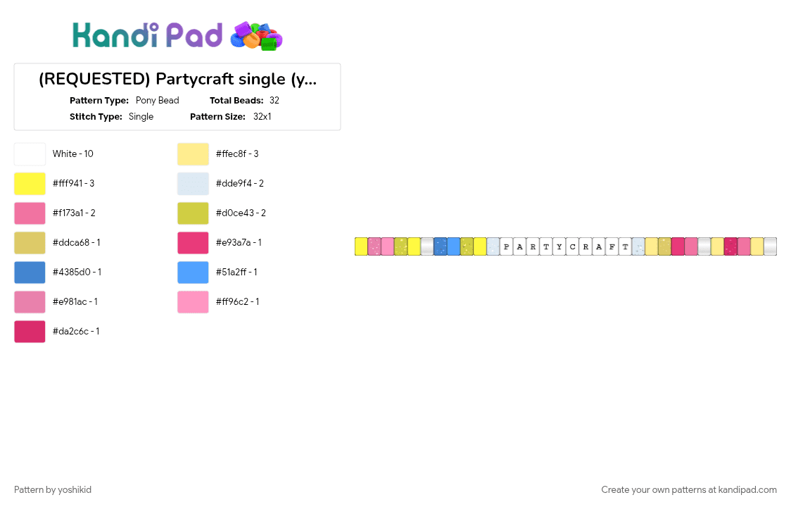 (REQUESTED) Partycraft single (yatta x scraps) - Pony Bead Pattern by -fxnn on Kandi Pad - pink, white, yellow