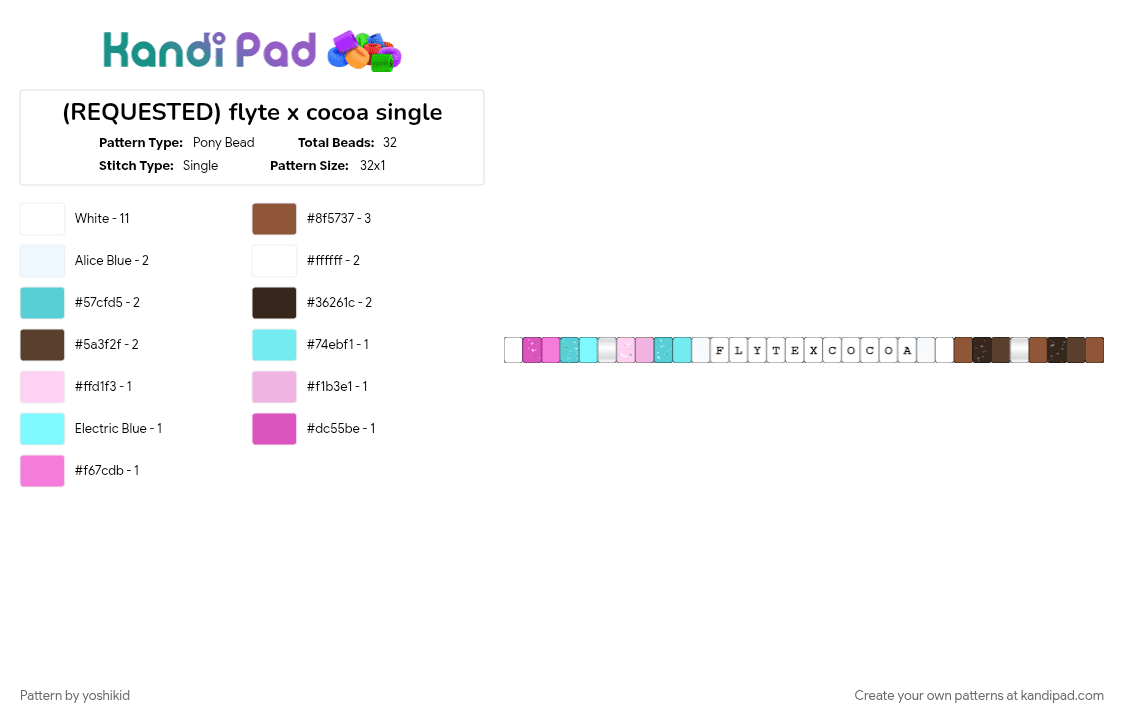 (REQUESTED) flyte x cocoa single - Pony Bead Pattern by -fxnn on Kandi Pad - brown, light blue, pink, white