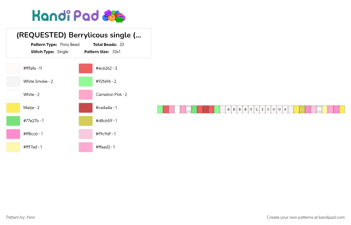 (REQUESTED) Berrylicous single (sprout x glisten) - Pony Bead Pattern by lumalee on Kandi Pad - pink, red, white, yellow
