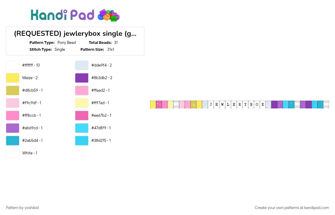 (REQUESTED) jewlerybox single (glisten x boxten) - Pony Bead Pattern by -fxnn on Kandi Pad - light blue, pink, white, yellow